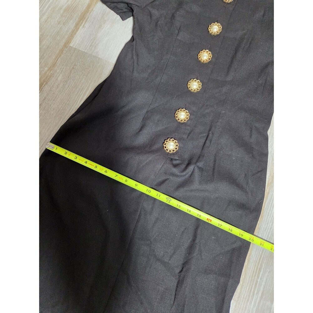 VTG Positive Attitude Black Linen Blend Sheath Dress Button Puff Sleeve 9/10 EUC - Picture 7 of 10